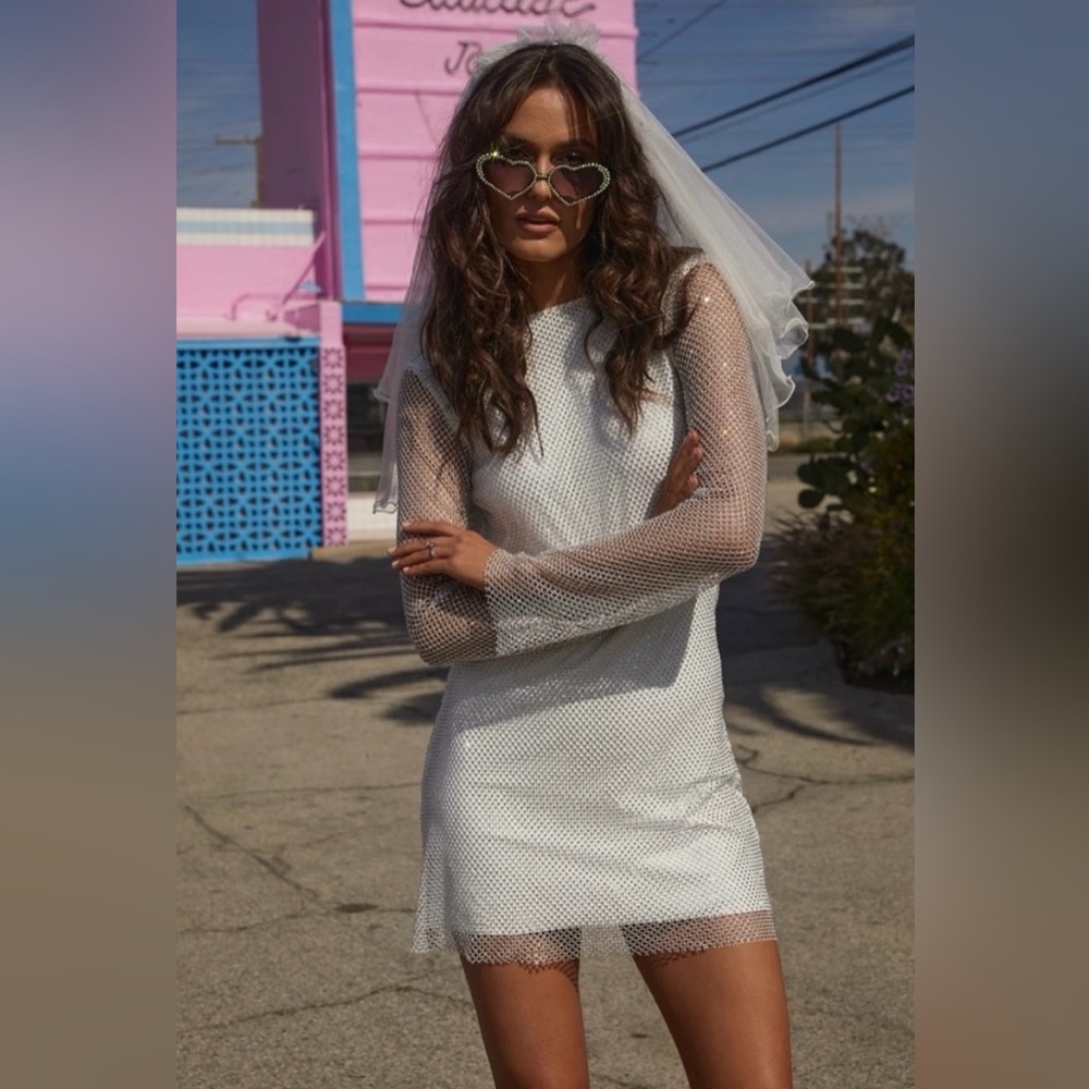 12th Tribe Rhinestone Mesh Dress Long Sleeve See Through Mini Sparkly Party